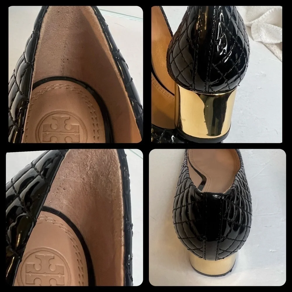 TORY BURCH #33379 Black & Gold Patent Leather Low Heels (US 7.5) Womens Shoes